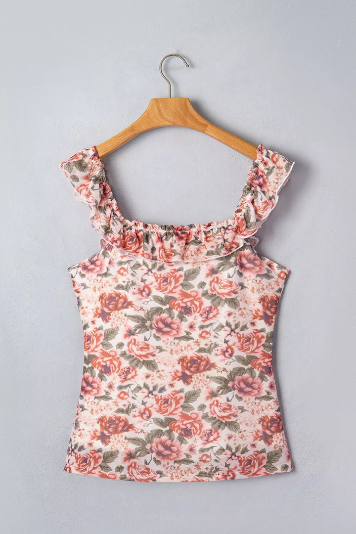 Floral ruffle-trim square-neck fitted tank top