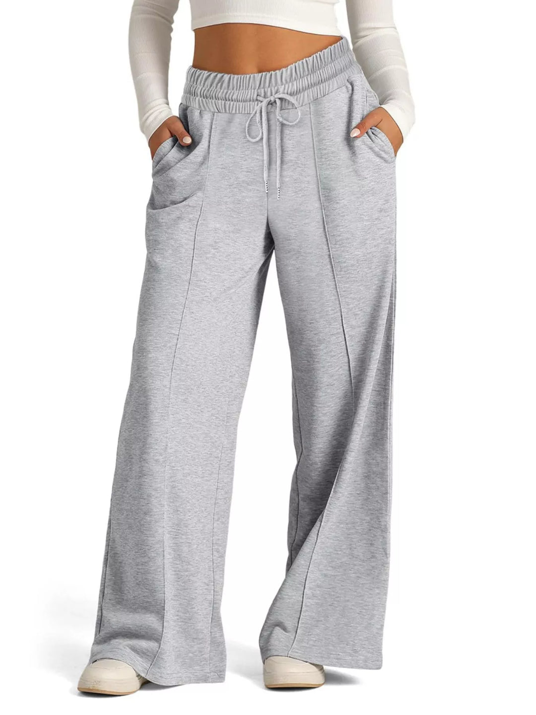 Wide-leg drawstring pants with elastic waist and pockets