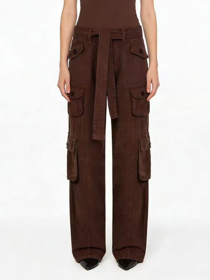 Wide-leg cargo jeans with tie belt and button-flap pockets
