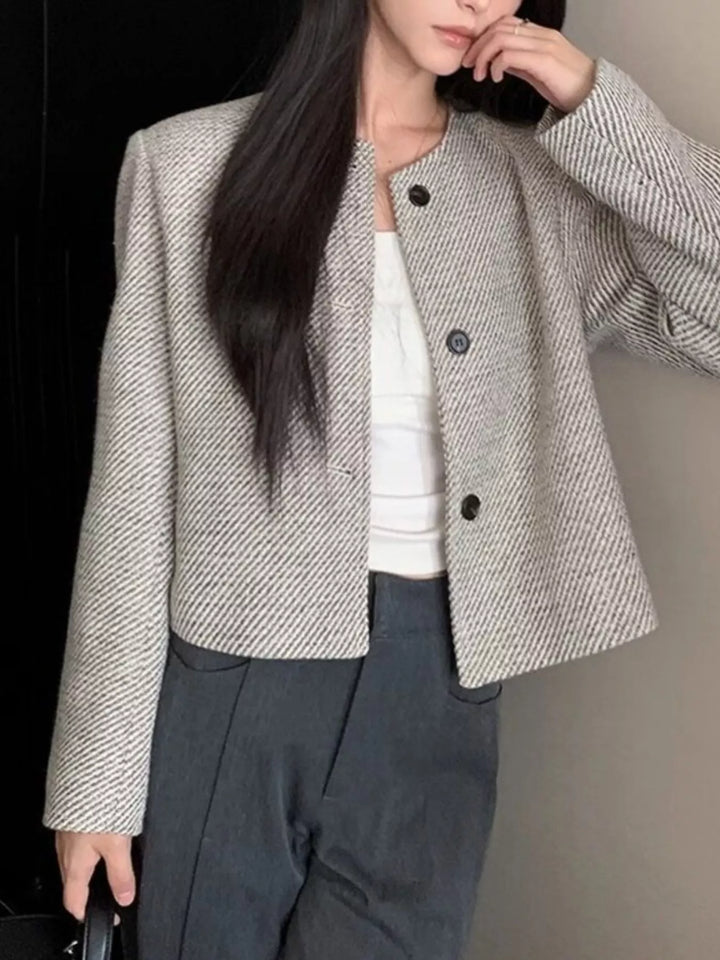 Collarless tweed cropped jacket with button front