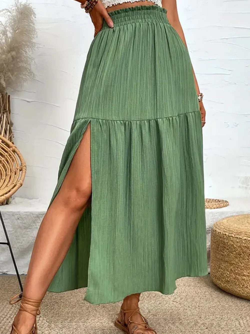 Tiered crinkle midi skirt with smocked waist and front slit