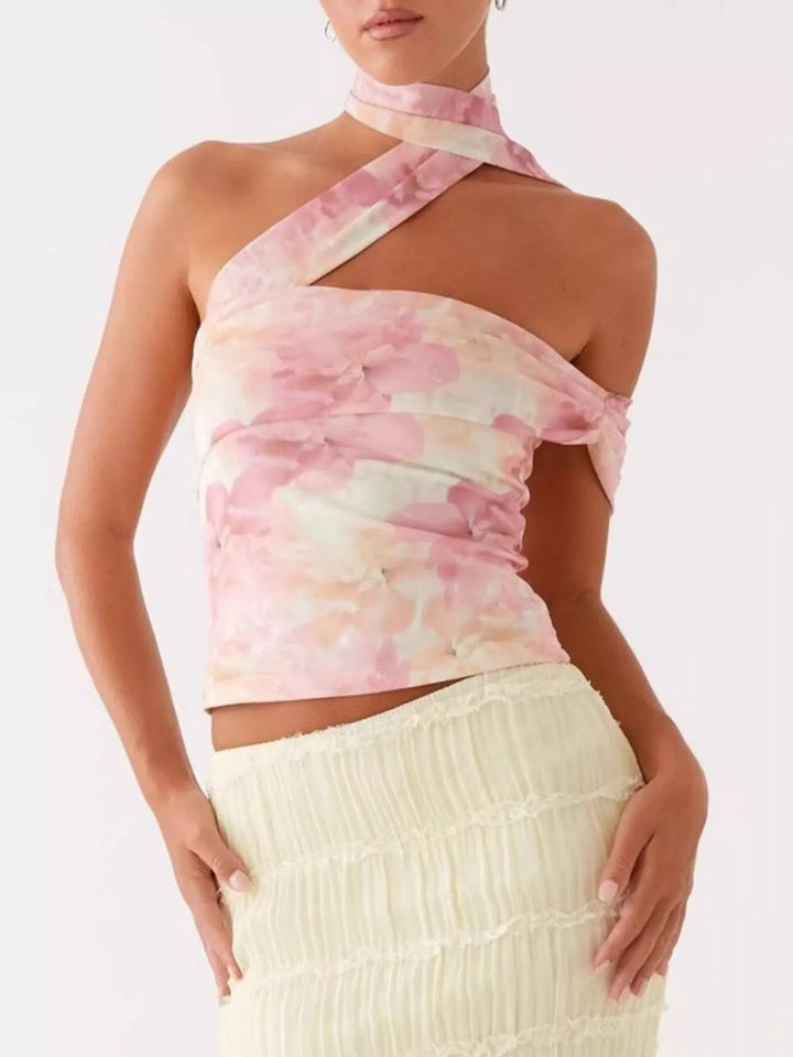 Floral print crossover halter-neck crop cami