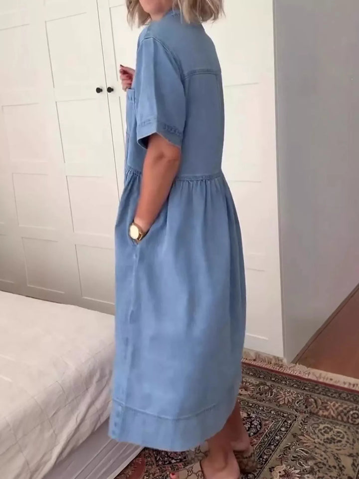 Button-front denim midi shirt dress with tiered skirt