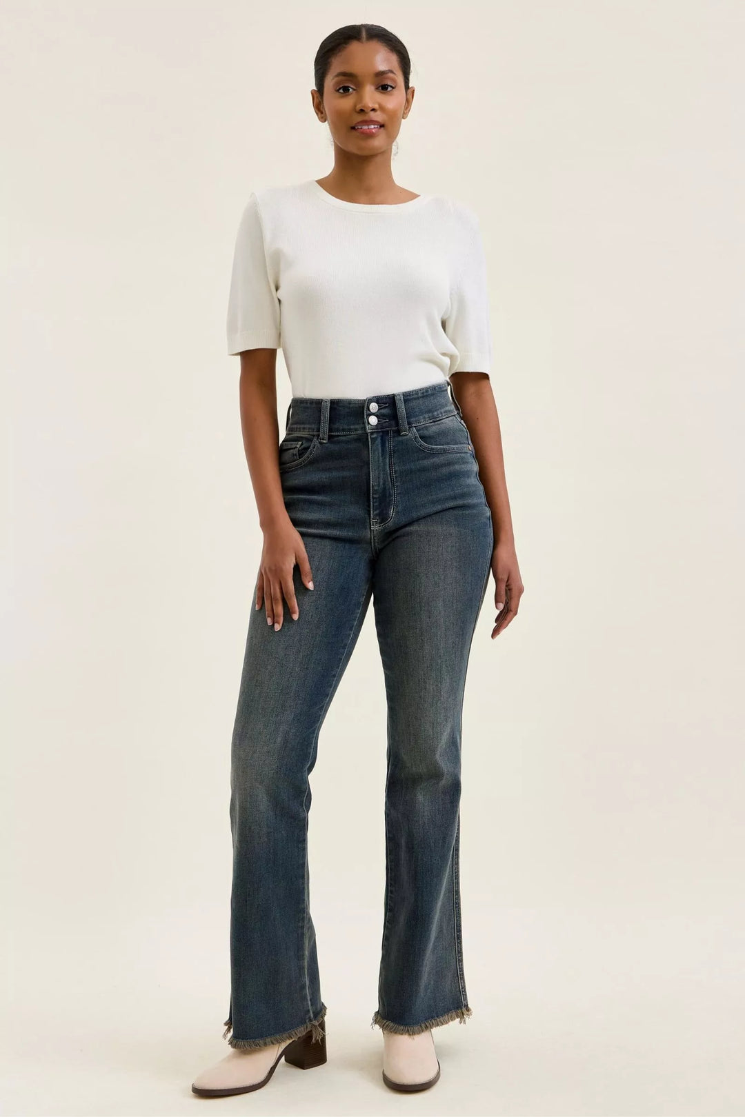 High-rise double-button frayed hem flare jeans