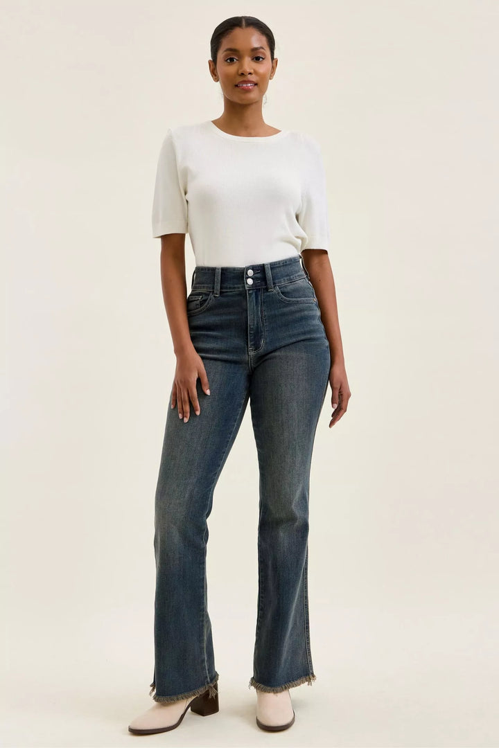 High-rise double-button frayed hem flare jeans
