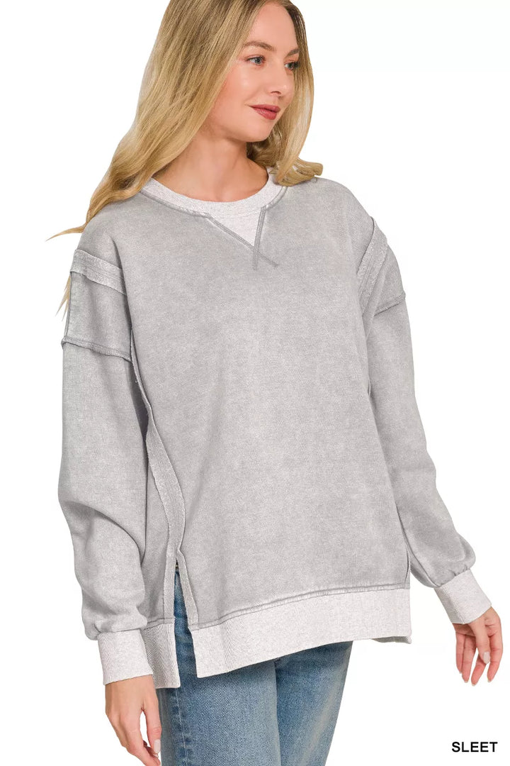SLEET Acid wash fleece pullover with exposed seams and side slits