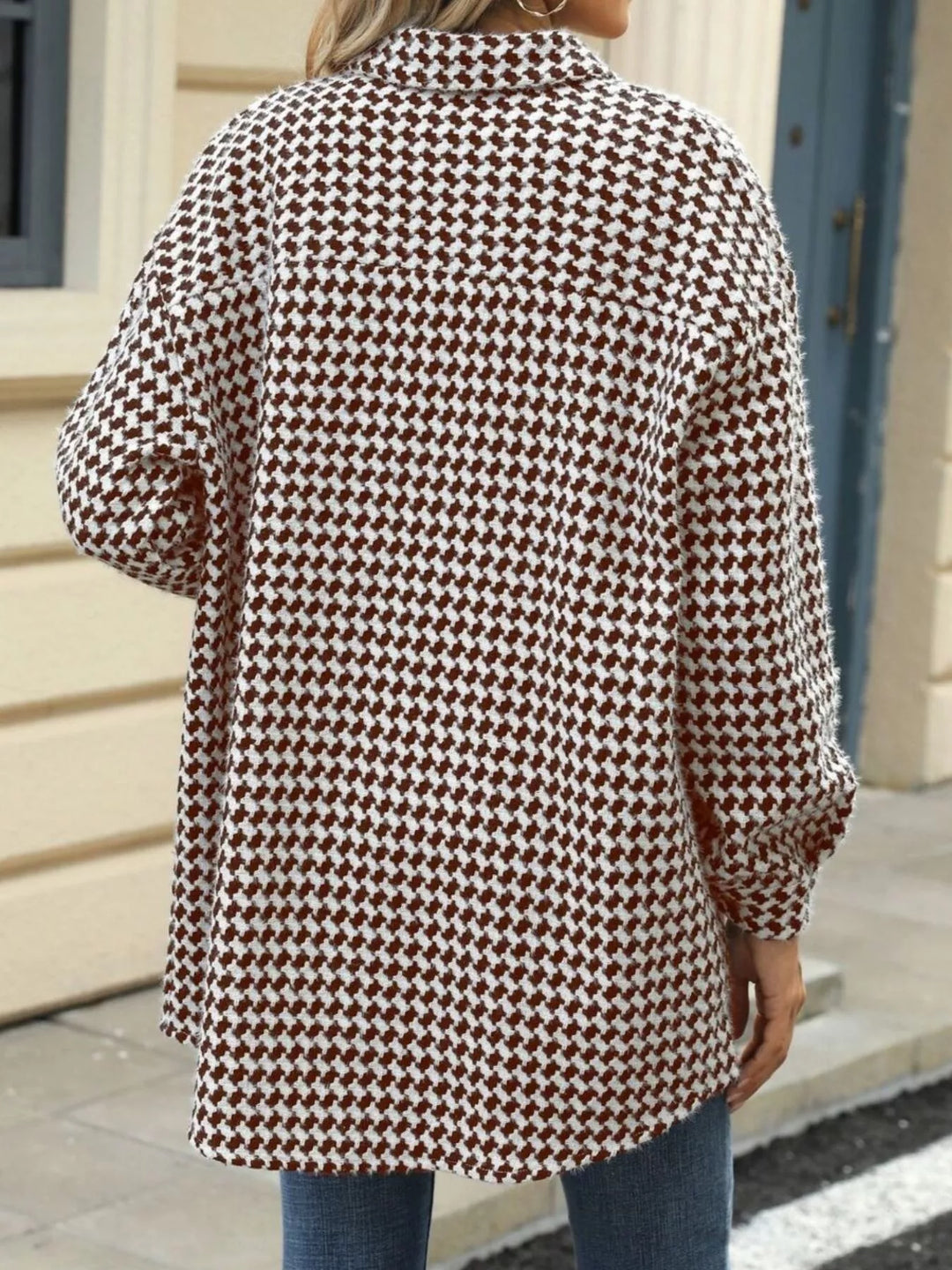Houndstooth button-up shacket coat with chest pocket