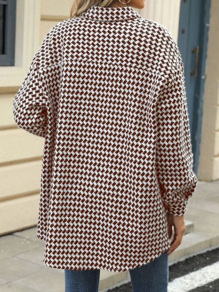 Houndstooth button-up shacket coat with chest pocket