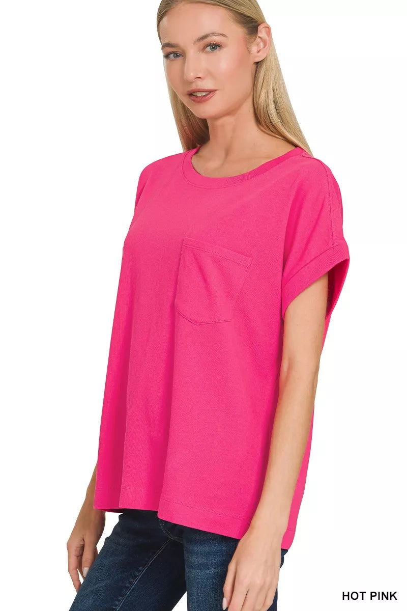 Ribbed cotton cuffed-sleeve tee with chest pocket