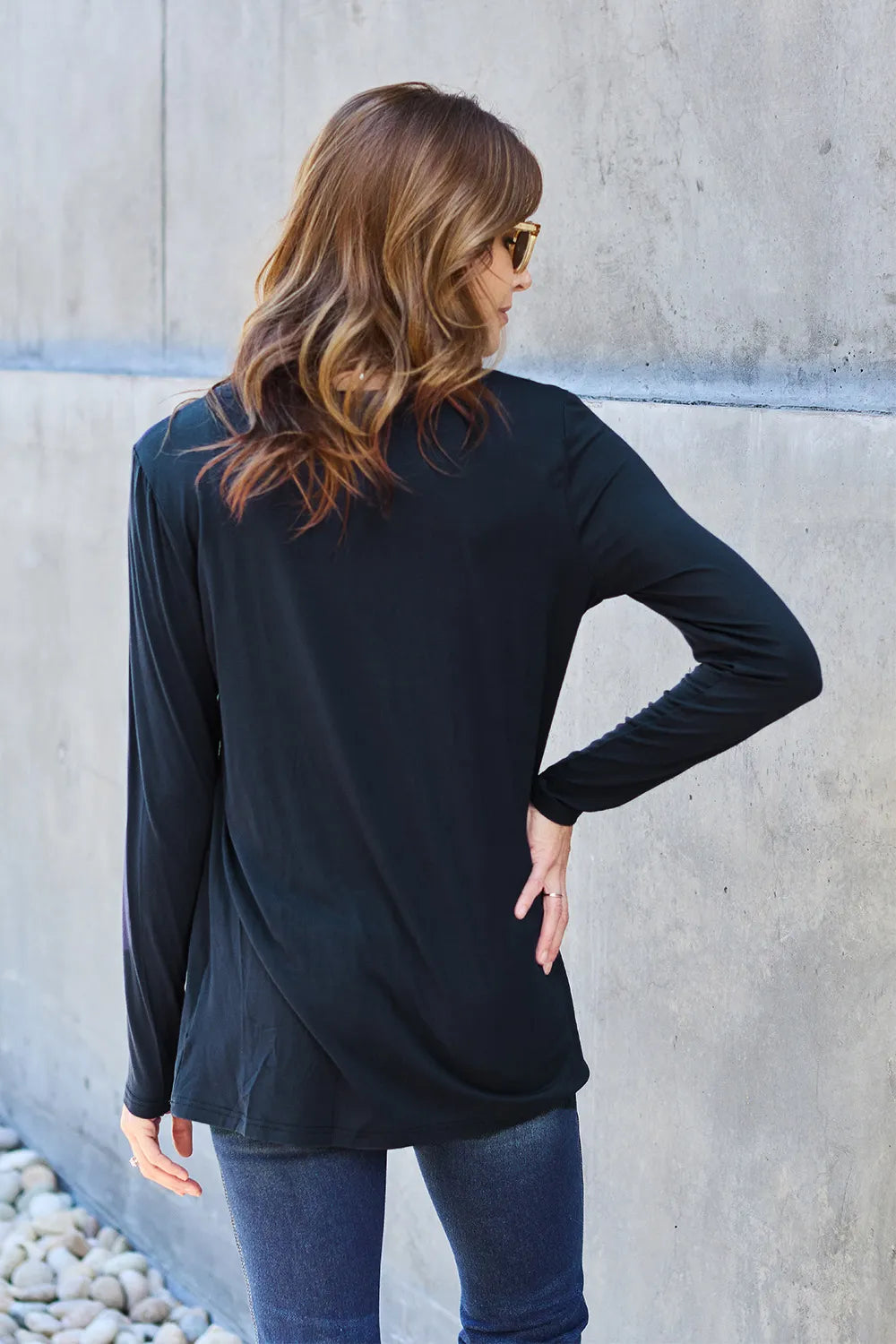 Long sleeve round neck tunic top with chest pocket