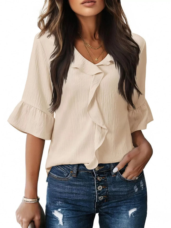 Apricot Ruffle trim V-neck blouse with flared bell sleeves