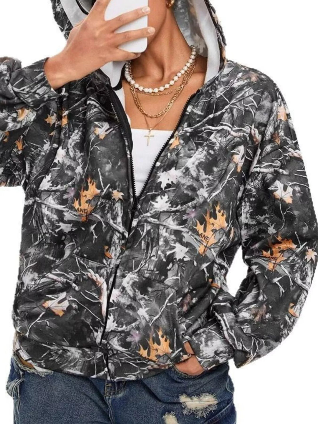 Black Forest camo print zip-up hoodie with side pockets