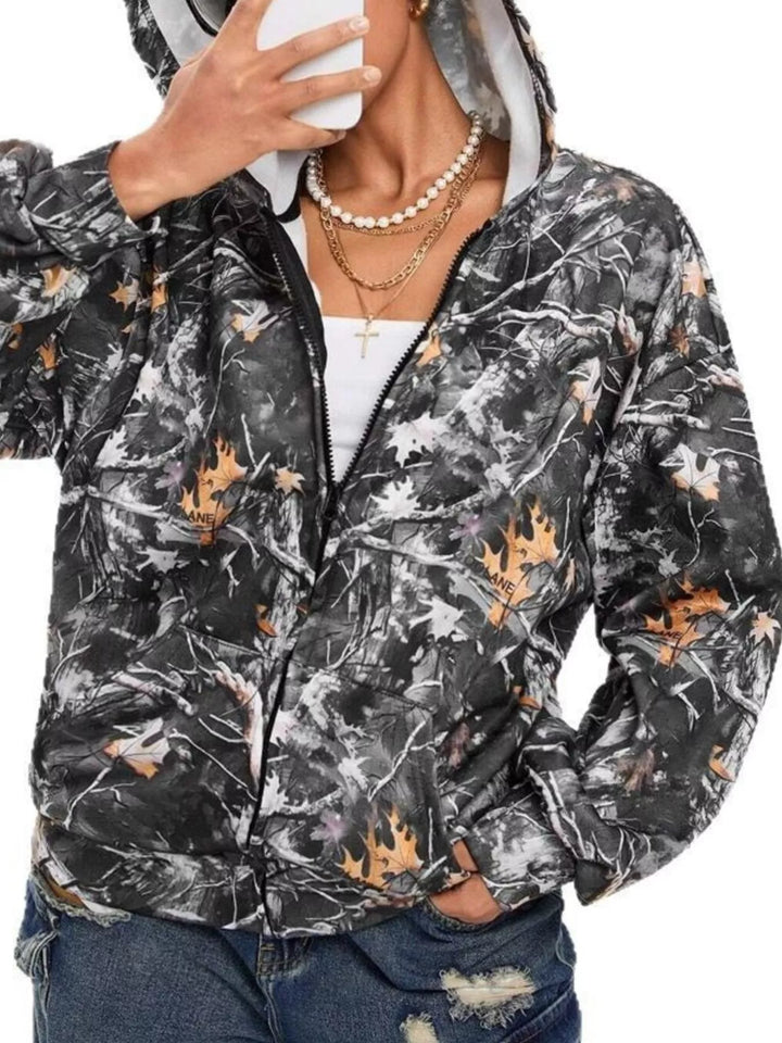 Black Forest camo print zip-up hoodie with side pockets