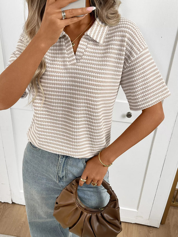 Striped waffle-knit collared short sleeve top