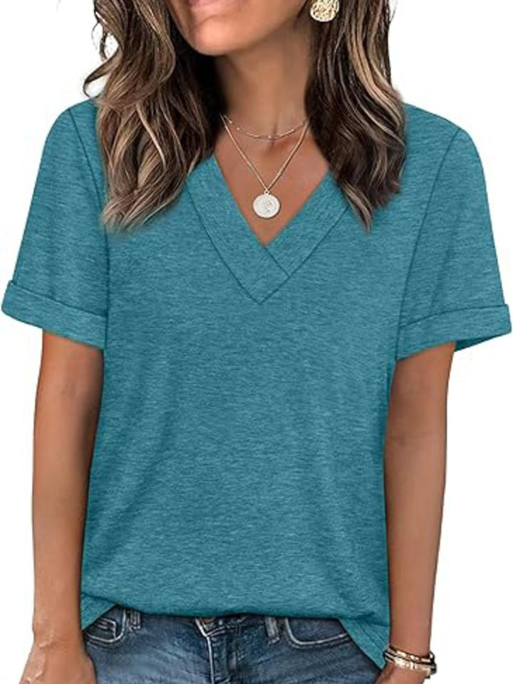 Blue-green Relaxed V-neck short sleeve tee with rolled cuffs