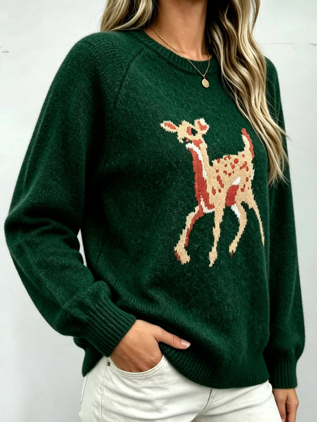 Deer knit raglan sleeve pullover sweater with ribbed trim