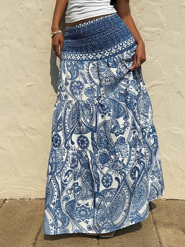 Royal Blue Paisley print maxi skirt with smocked waist