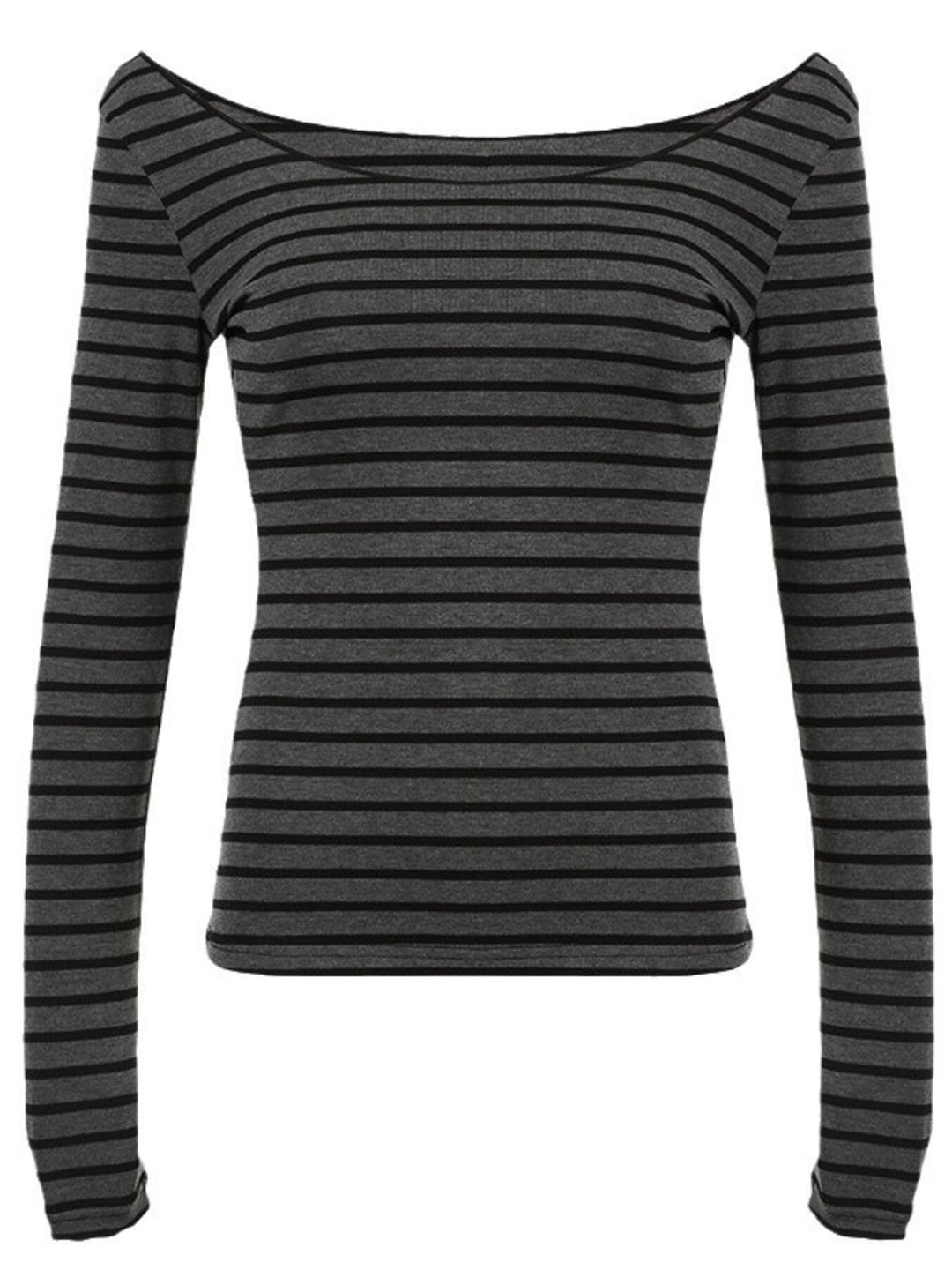 Gray Fitted striped boat neck long sleeve top