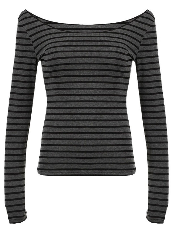 Gray Fitted striped boat neck long sleeve top
