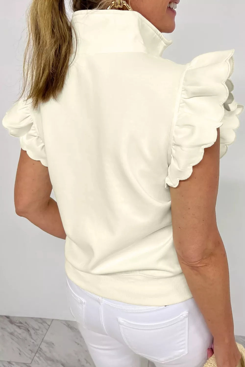 Ruffle cap sleeve half-zip stand collar blouse
