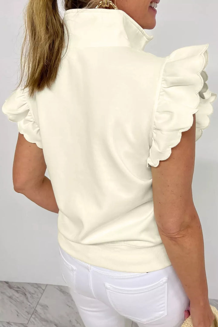 Ruffle cap sleeve half-zip stand collar blouse