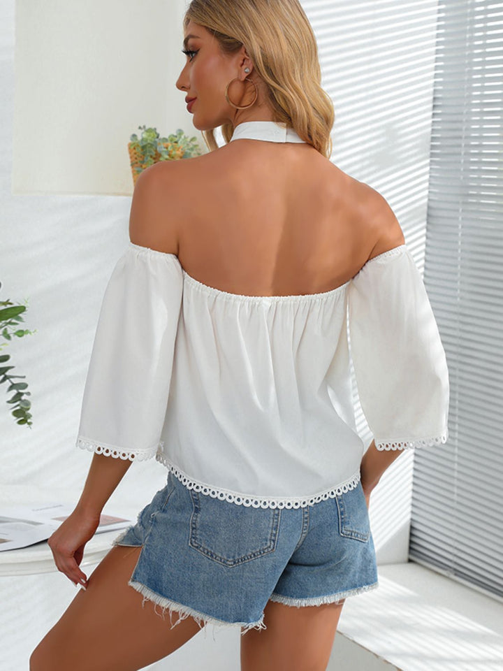 Crochet lace panel halter neck cold-shoulder blouse