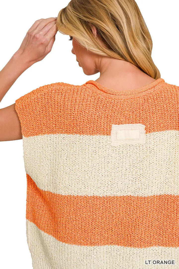 Color-block stripe split-neck short sleeve sweater