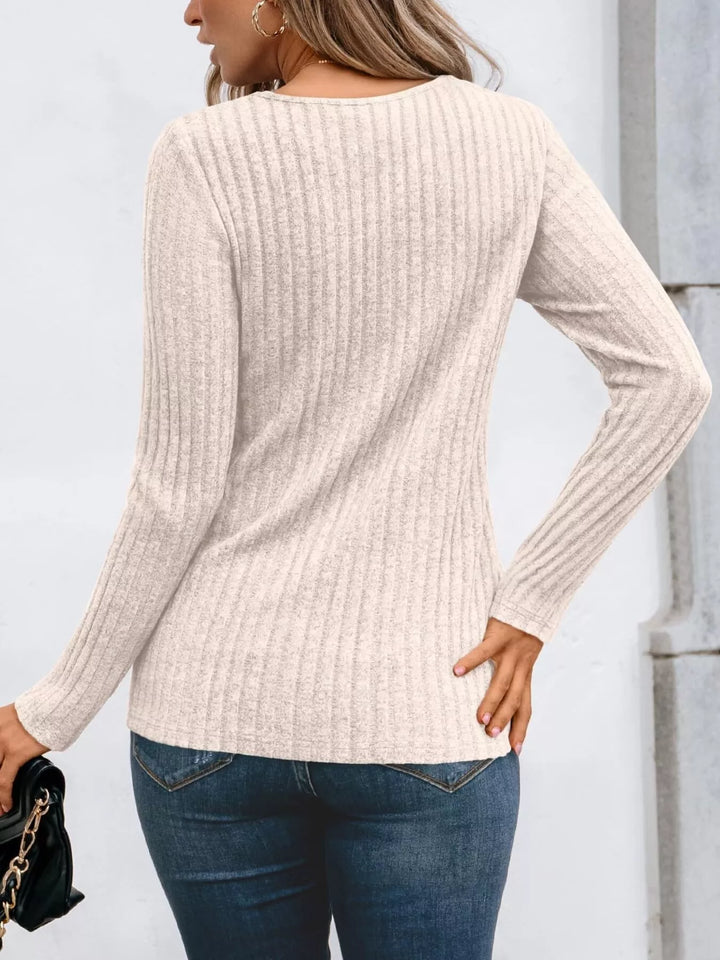 Ribbed knit long sleeve top with lace yoke