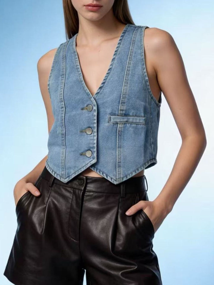 Cropped denim button-down vest with V-neckline