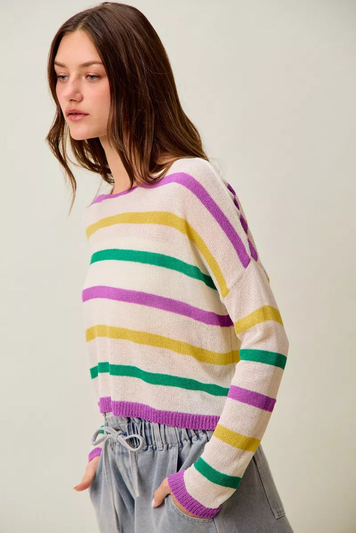 Color stripe lightweight knit sweater with boat neck