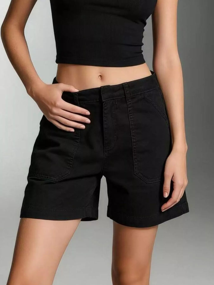 Black Patch pocket mid-rise denim shorts with cuffed hem