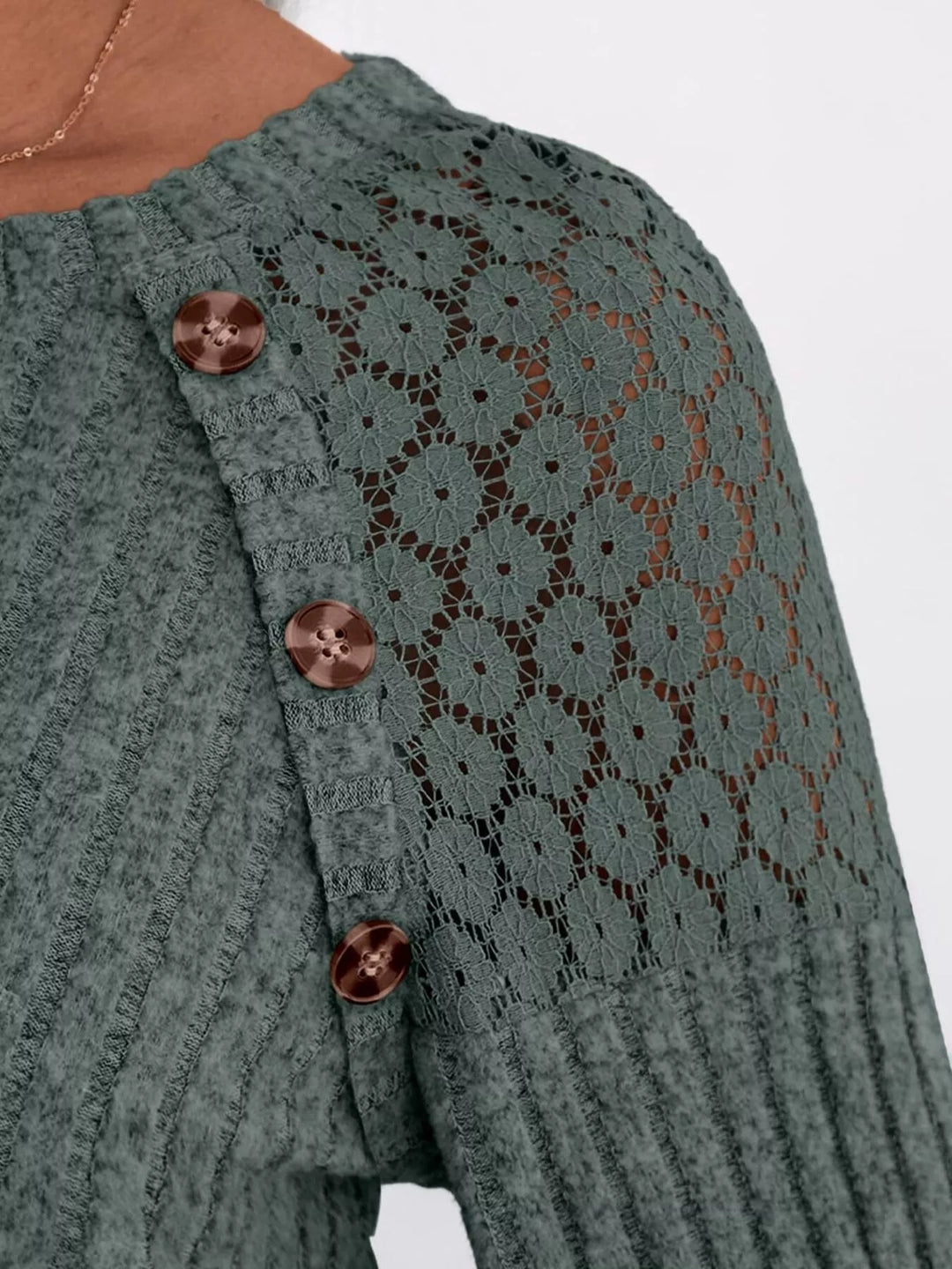 Ribbed knit long sleeve top with lace shoulder detail