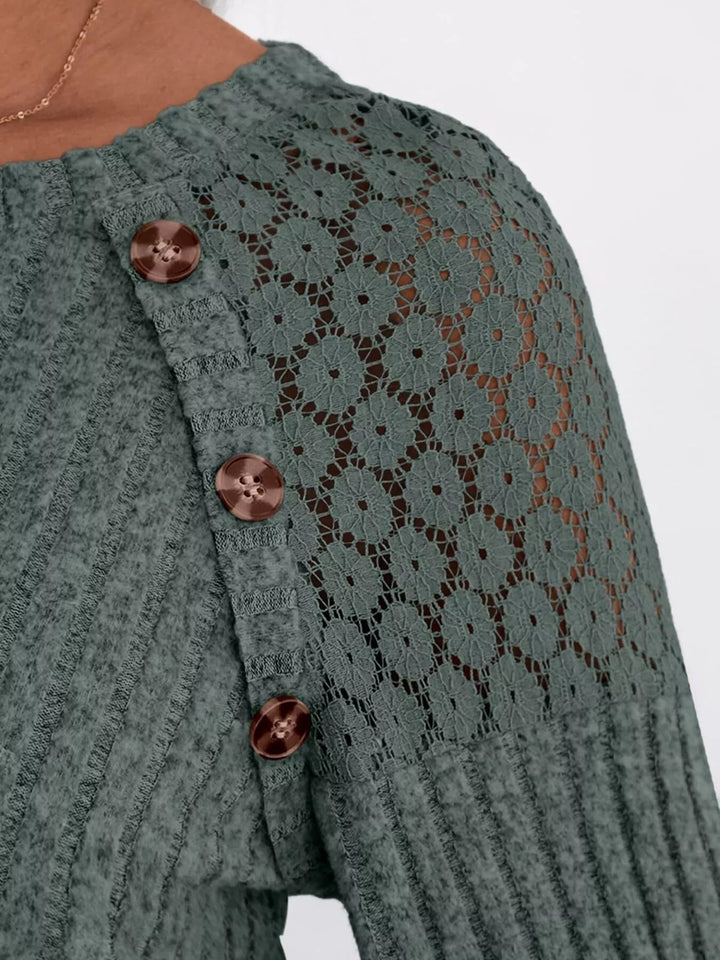 Ribbed knit long sleeve top with lace shoulder detail