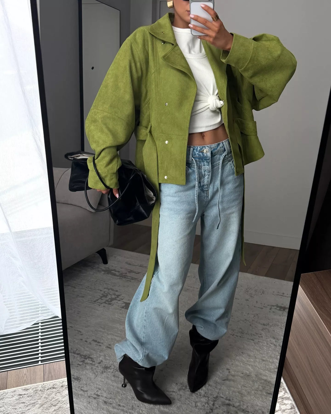 Tie waist cropped jacket with stand collar and snap front