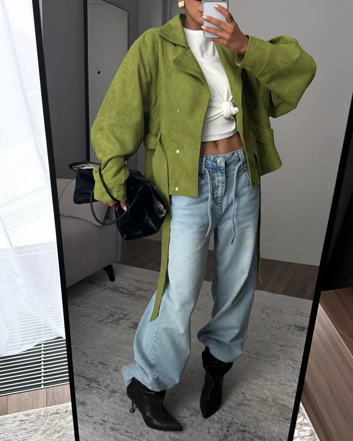 Tie waist cropped jacket with stand collar and snap front