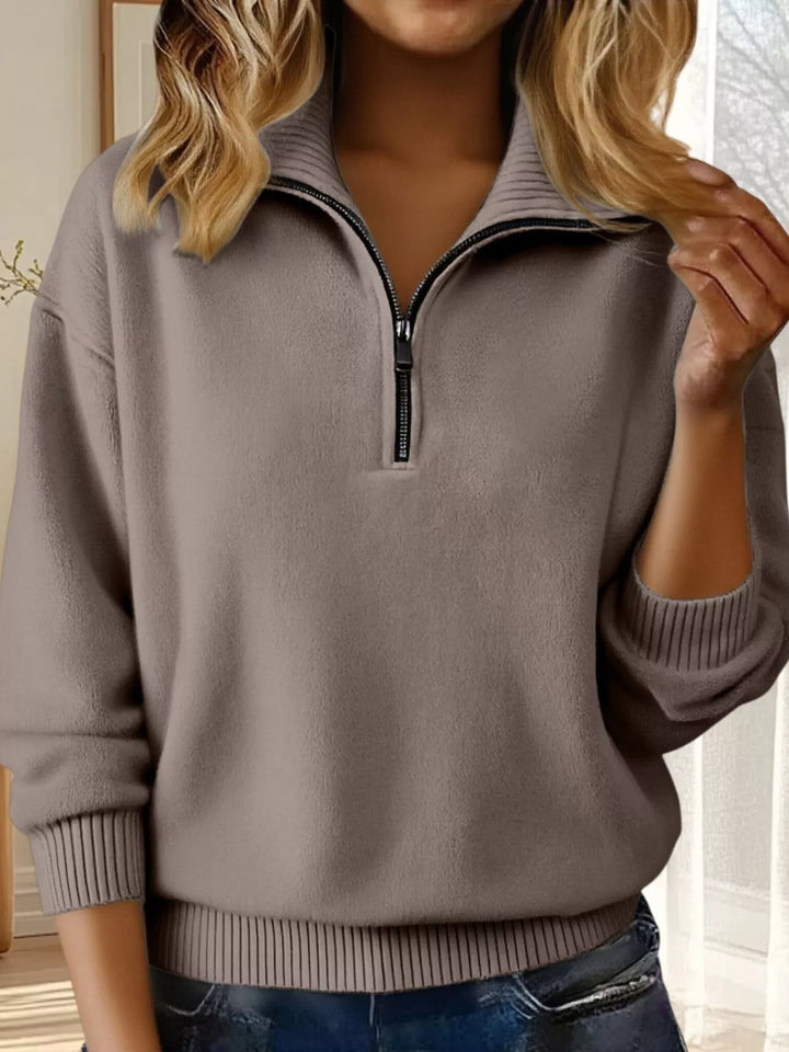 Camel Half-zip dropped-shoulder knit sweater with ribbed collar