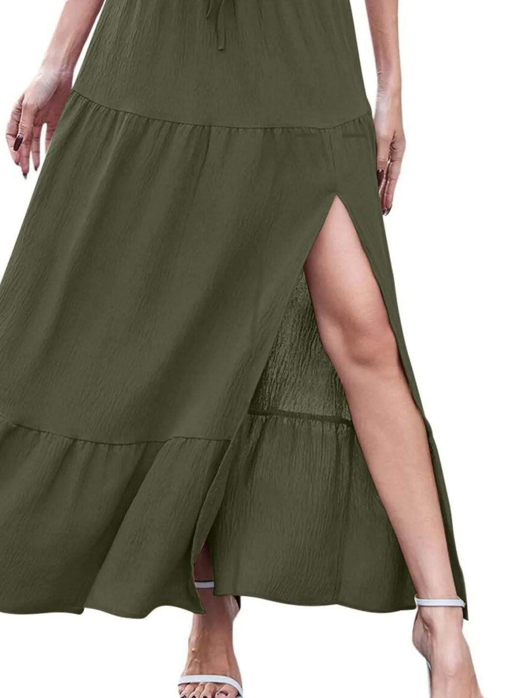 Tiered ruffled maxi skirt with front slit