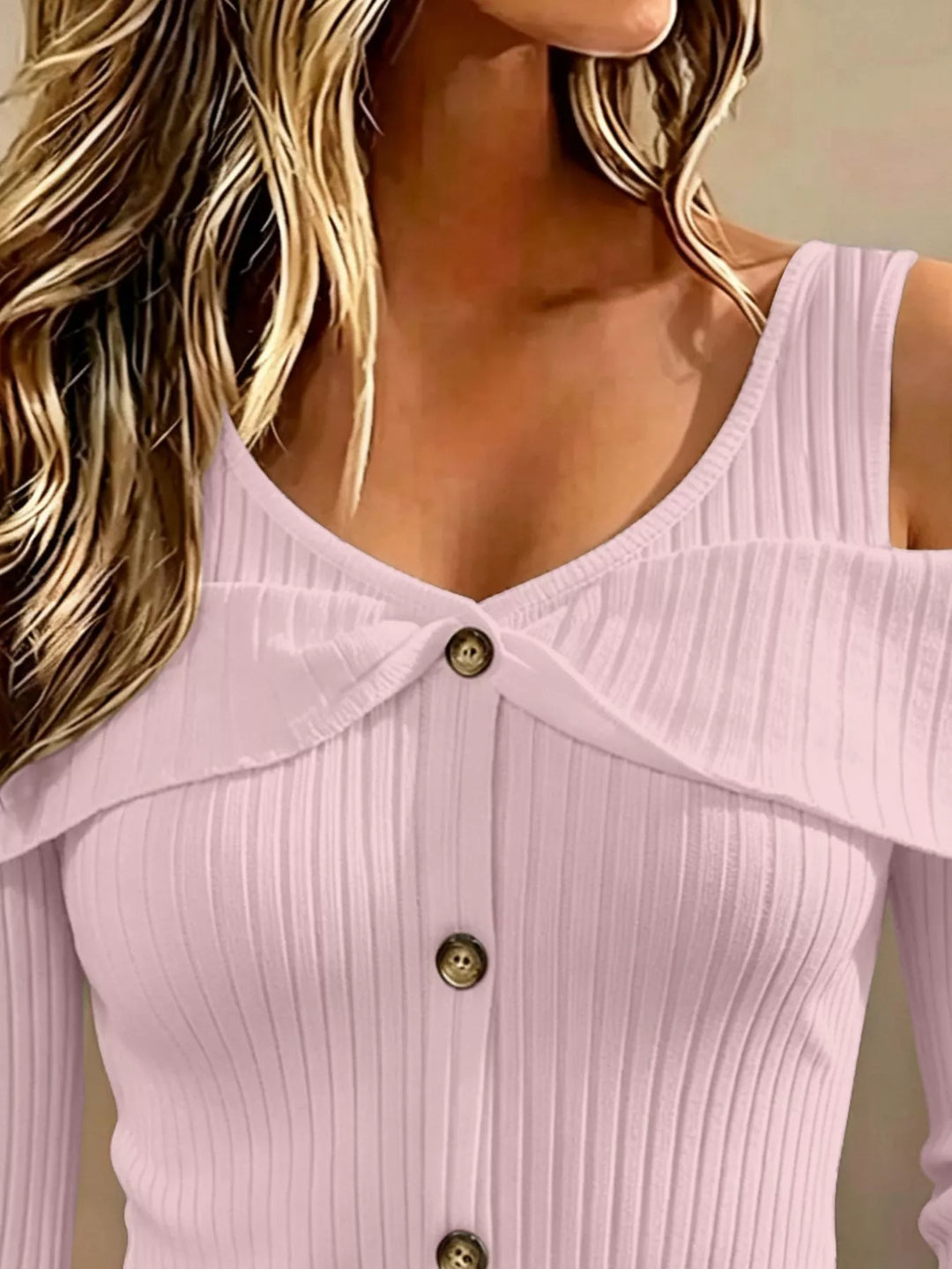 Cold shoulder ribbed knit top with foldover collar and buttons
