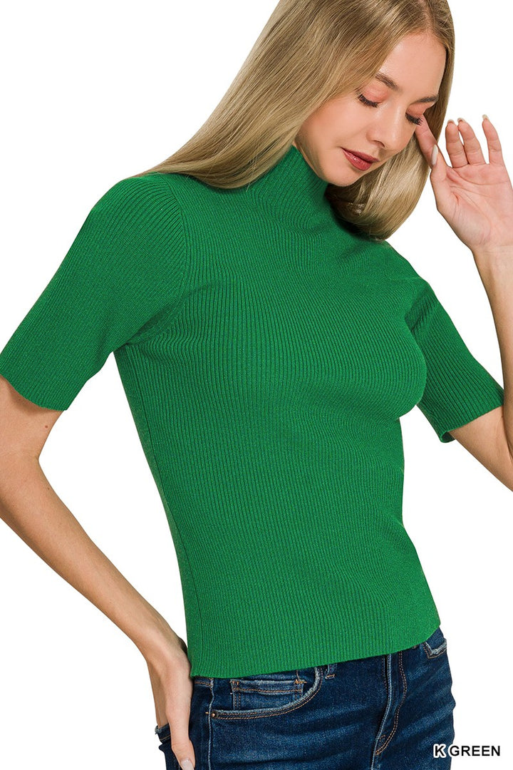 Fitted ribbed knit mock neck short sleeve top