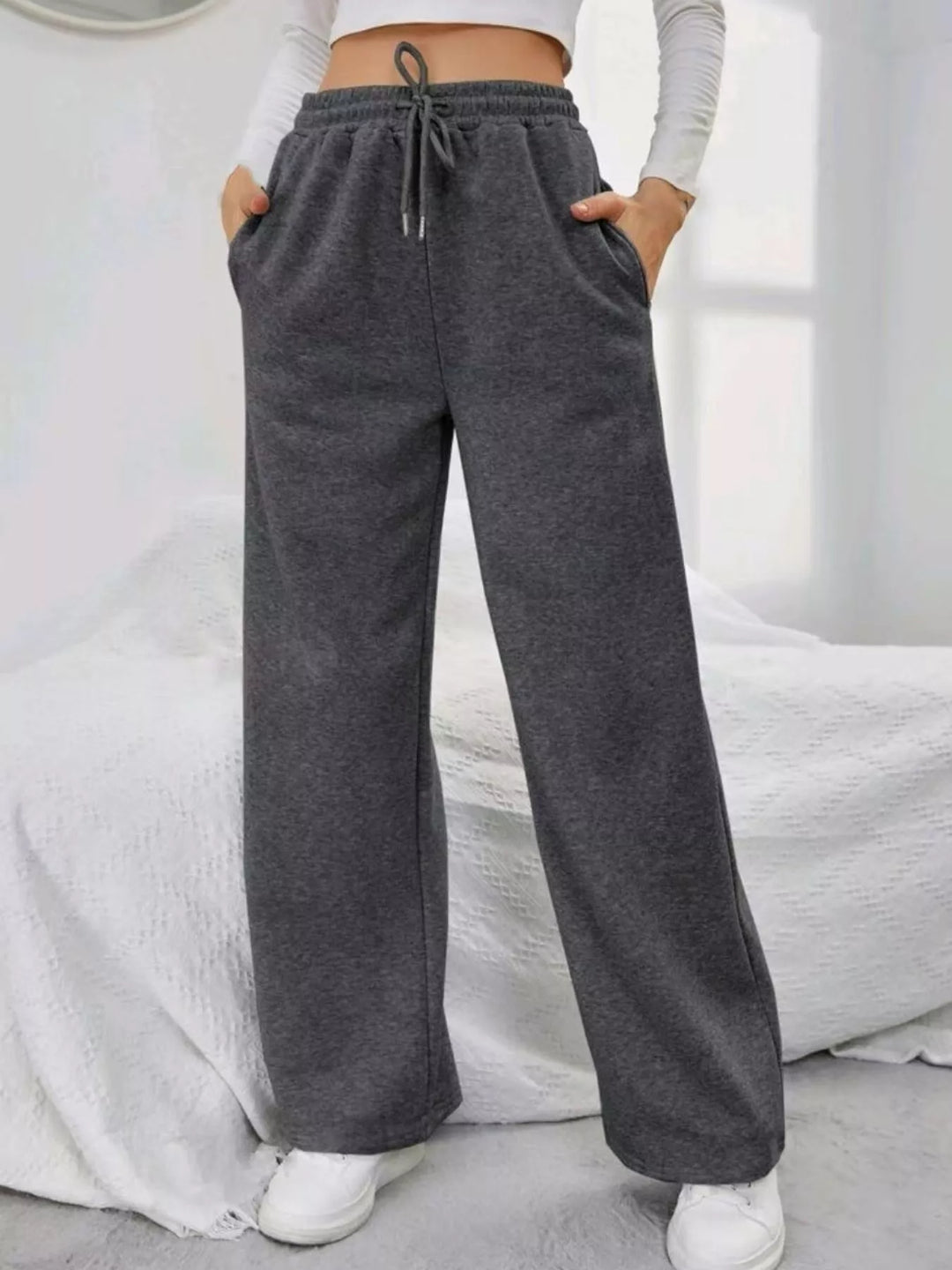 Dark Gray Wide-leg drawstring sweatpants with side pockets