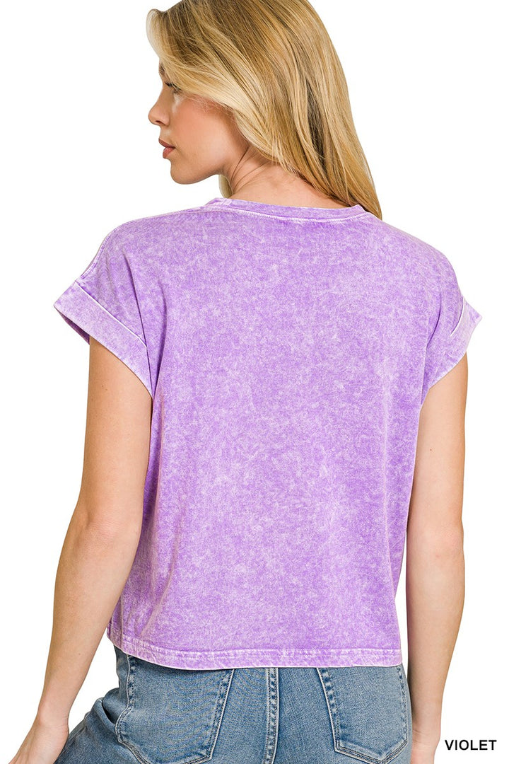 Snow-washed cotton crop tee with cuffed sleeves and chest pocket