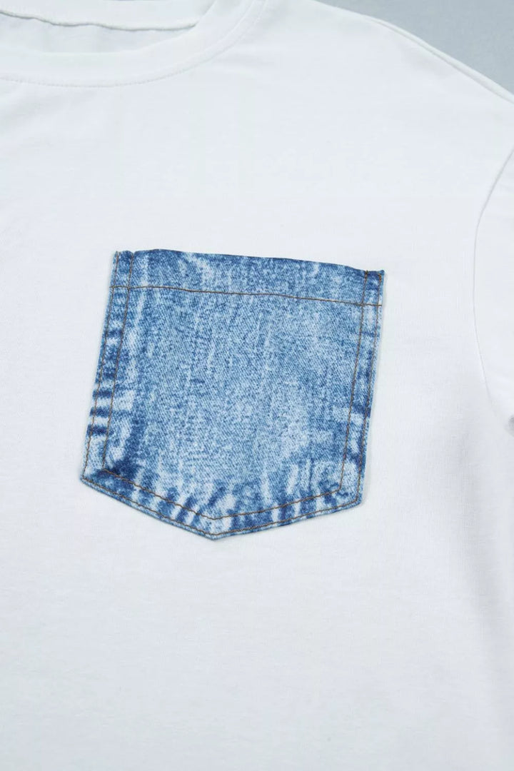 Denim chest pocket relaxed cotton crew neck tee