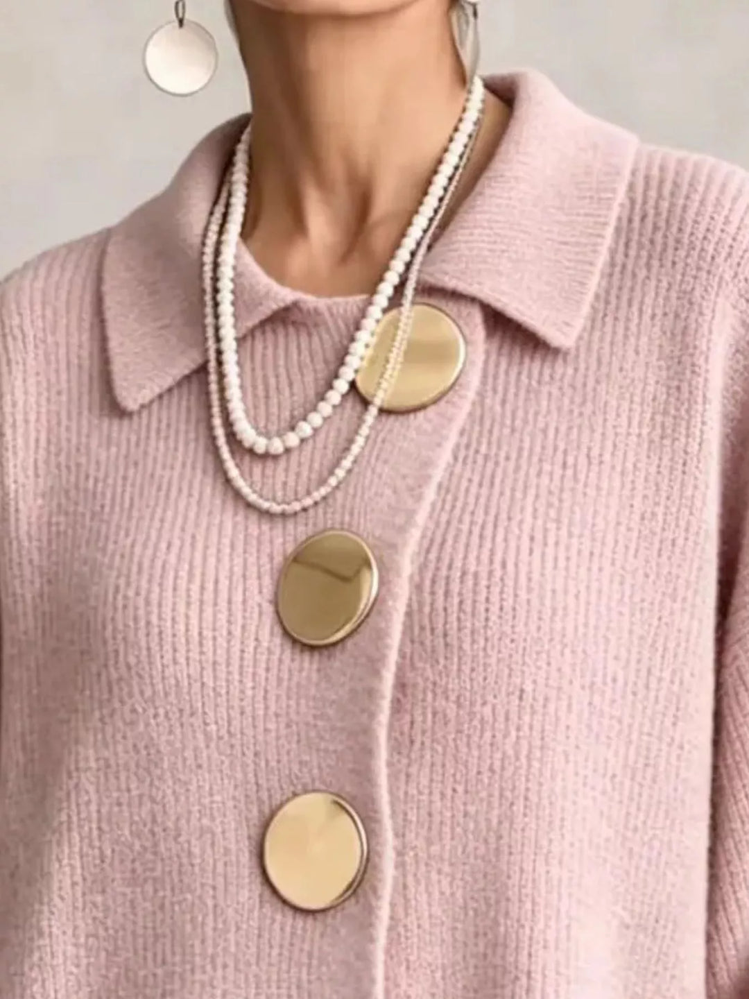 Oversized gold button ribbed knit collared cardigan