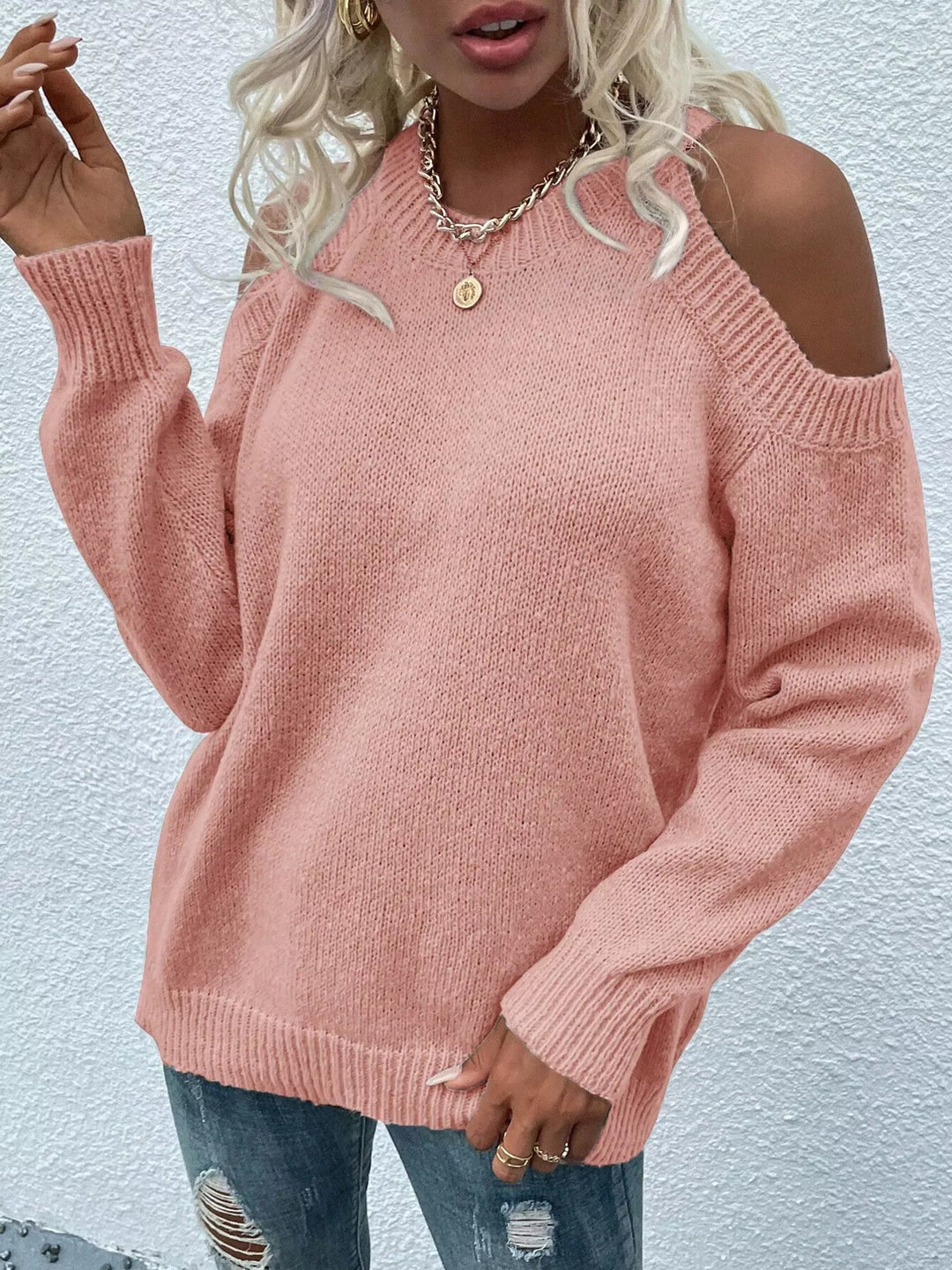 Cold shoulder ribbed knit crew neck sweater