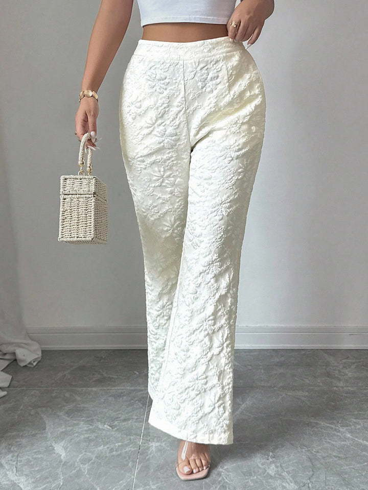 Textured floral high-rise wide-leg pants with pockets