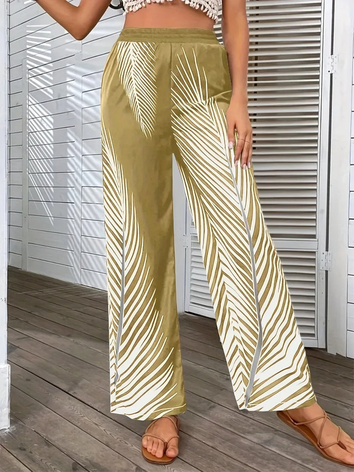 Tropical palm print wide leg pants with elastic waist