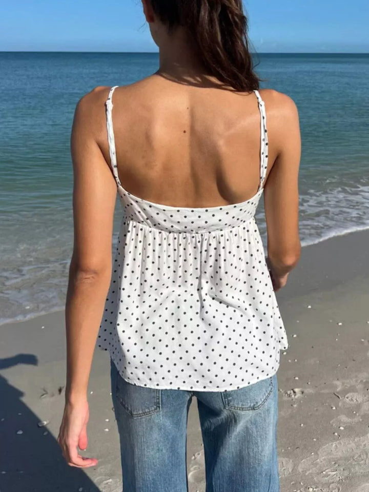Polka dot v-neck babydoll cami with twist front