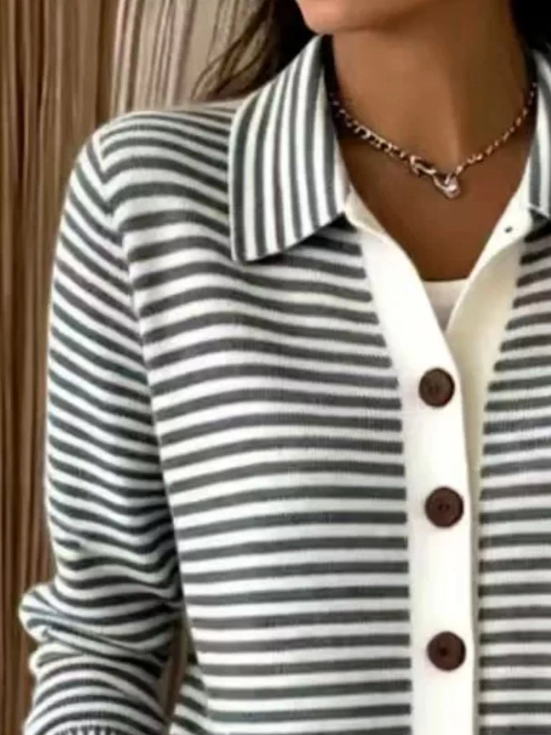 Striped button-down knit cardigan with pointed collar