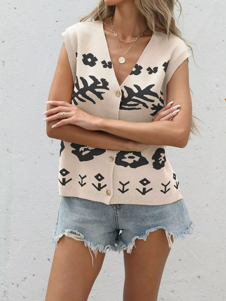 Black Apricot Floral jacquard button-front V-neck sweater vest