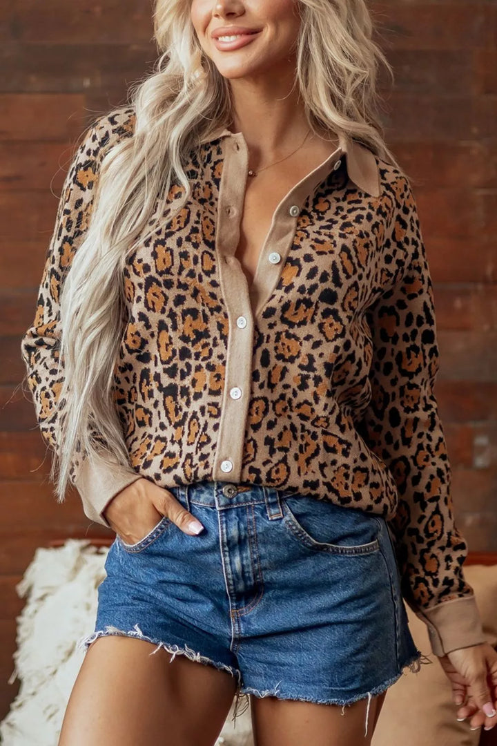 Leopard print collared button-front knit cardigan